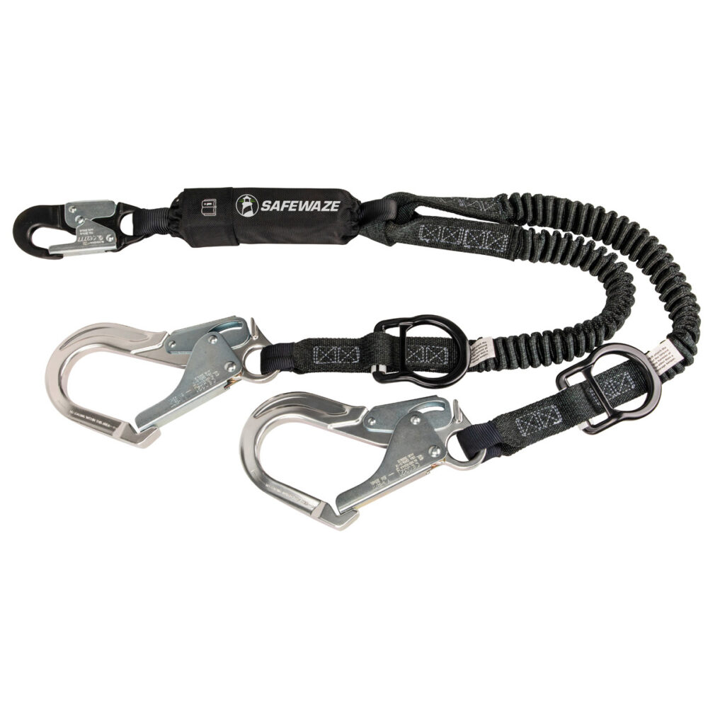 Safewaze PRO 6′ Stretch Energy Absorbing Lanyard: 12′ FF Dual Leg, Alu Rebar Hooks, Rescue Rings