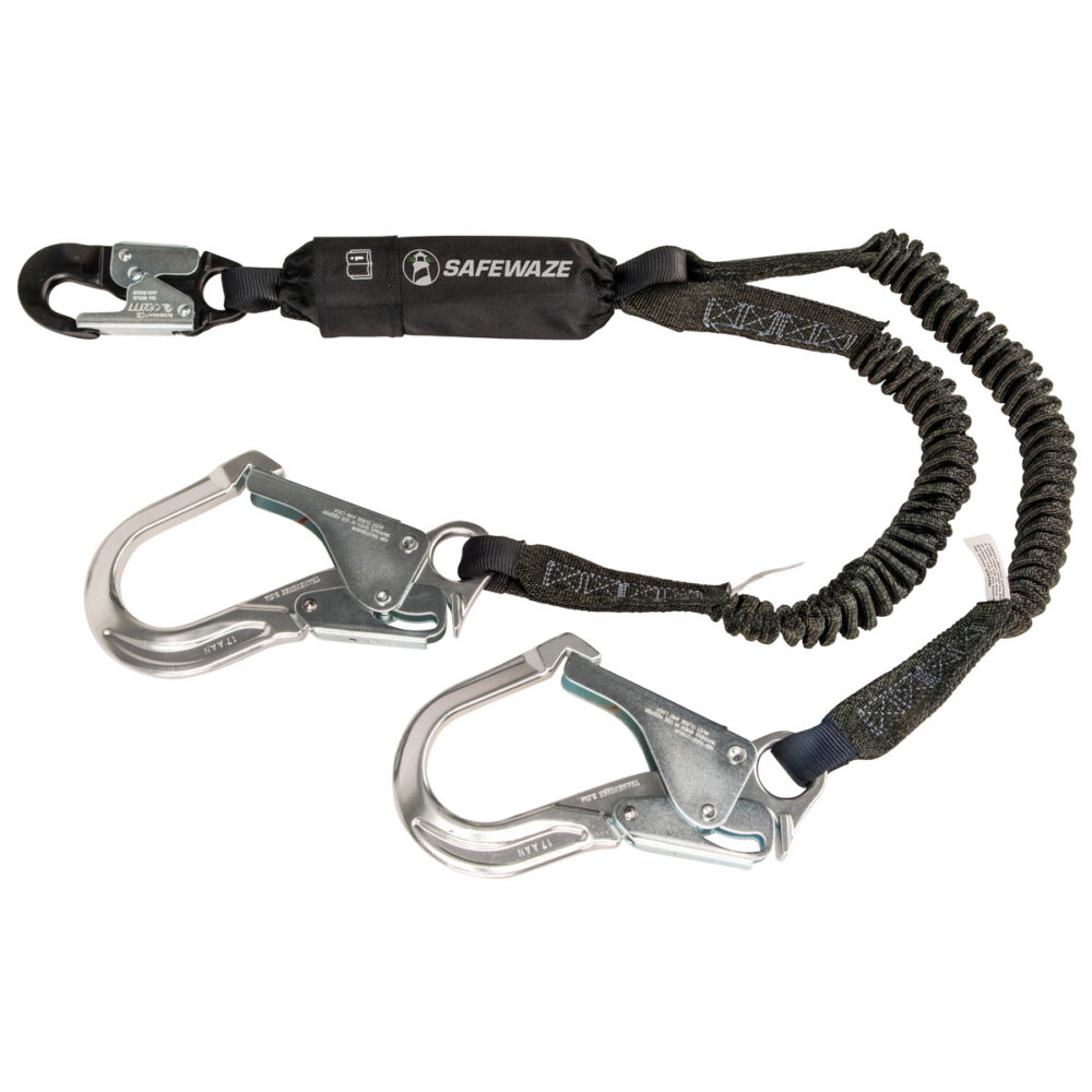 Safewaze PRO 6′ Stretch Energy Absorbing Lanyard: 12′ FF Dual Leg, Alu Rebar Hooks