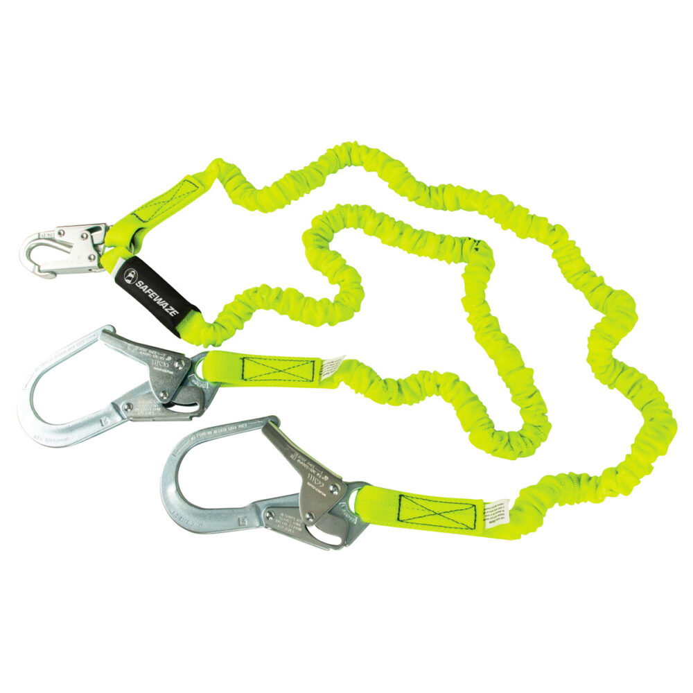 Safewaze PRO 6′ Stretch Internal Energy Absorbing Lanyard: Dual Leg, Rebar Hooks