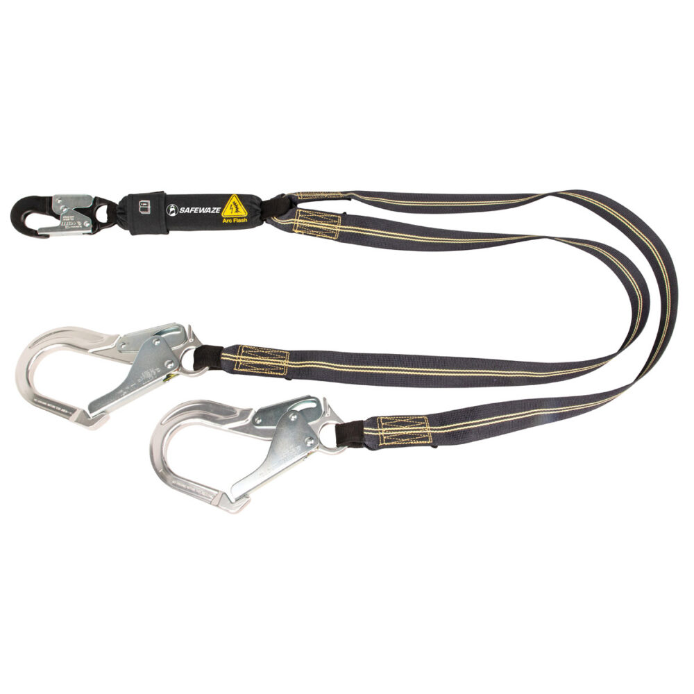 Safewaze Arc Flash 6′ Energy Absorbing Lanyard: Aramid, Dual Leg, Alu Rebar Hooks