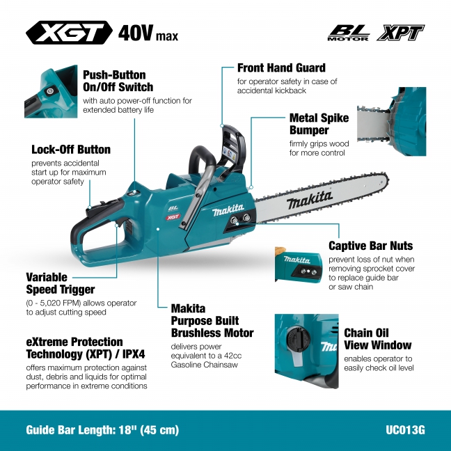 Makita 40Vmax XGT Brushless 18" Rear Handle Chainsaw, Tool Only