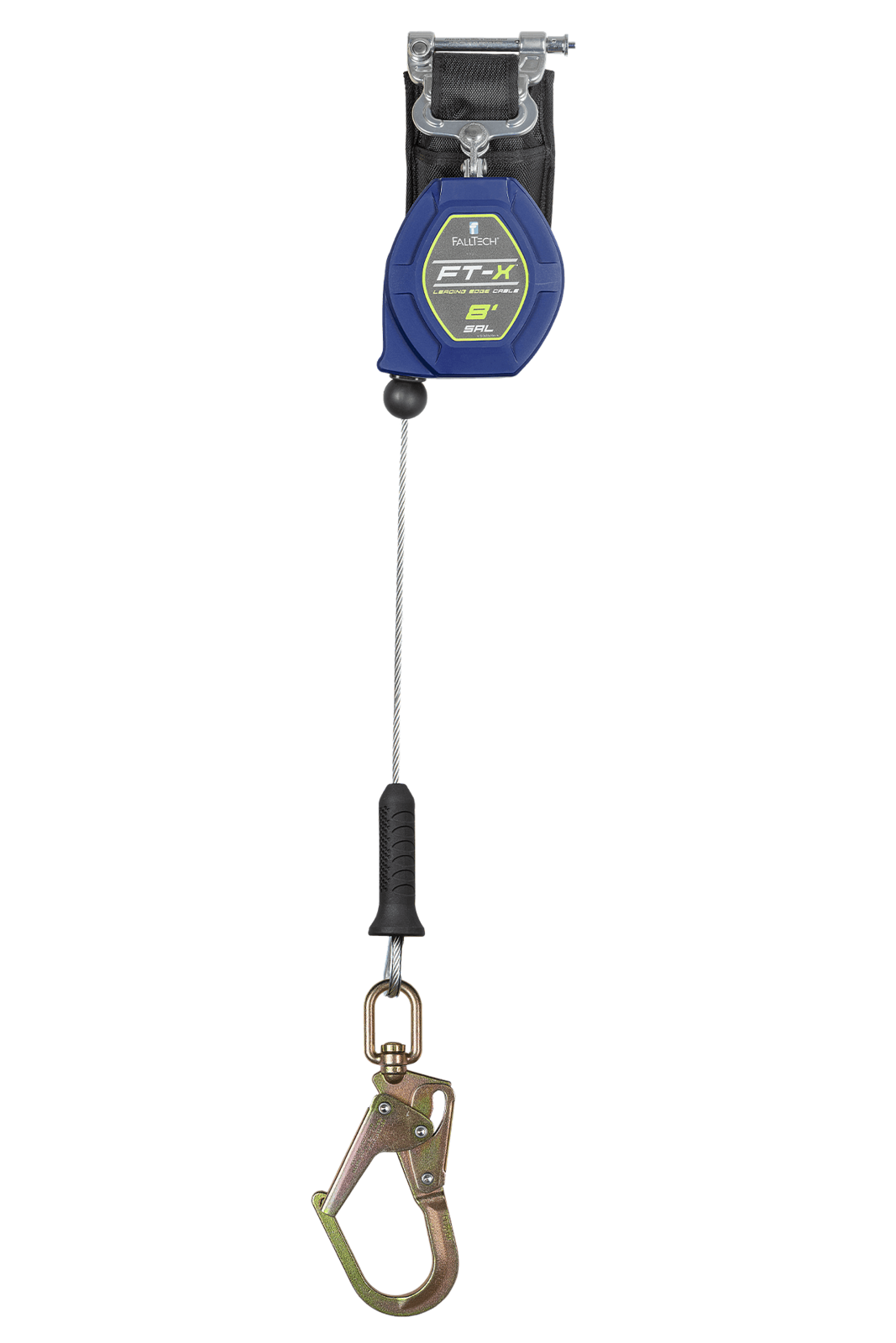 Falltech 8' FT-X Cable Class 2 Leading Edge Personal SRL-P, Single-leg with Steel Swivel Mini Rebar Hook (ANSI/CSA)