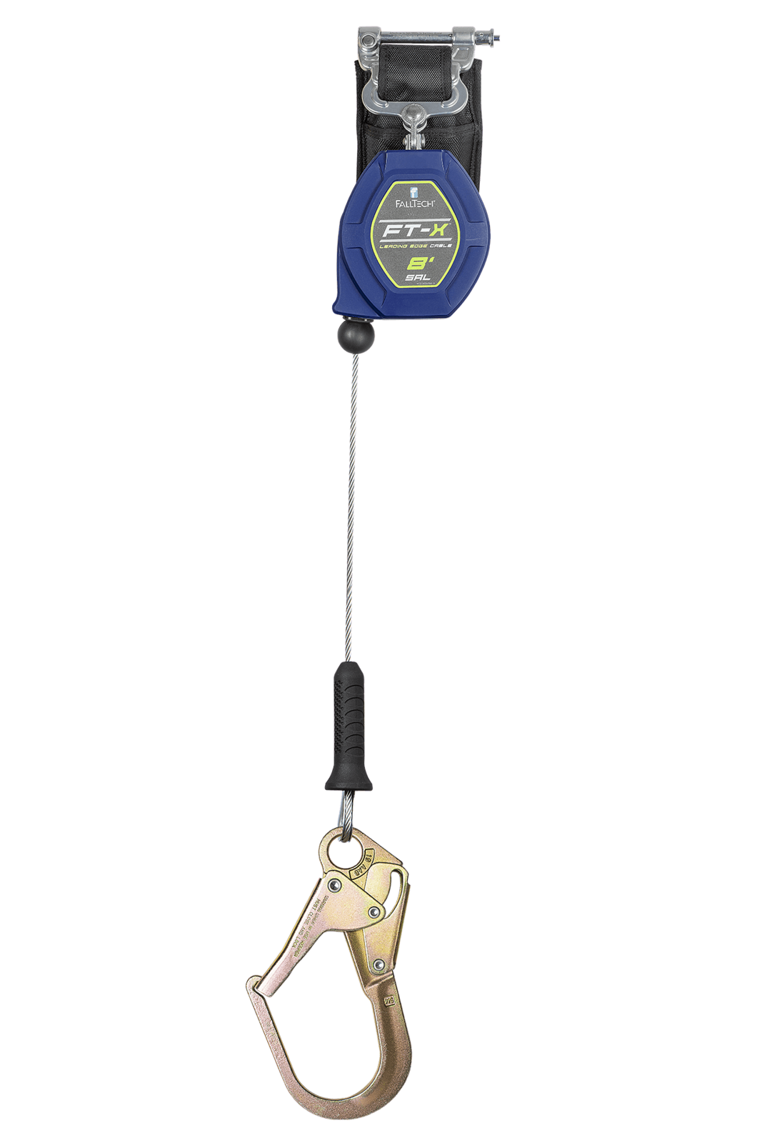 Falltech 8' FT-X Cable Class 2 Leading Edge Personal SRL-P, Single-leg with Steel Narrow Nose Rebar Hook (ANSI/CSA)